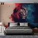 Papier peint artistique lion majestueux avec effet aquarelle rouge et bleu pour chambre moderne