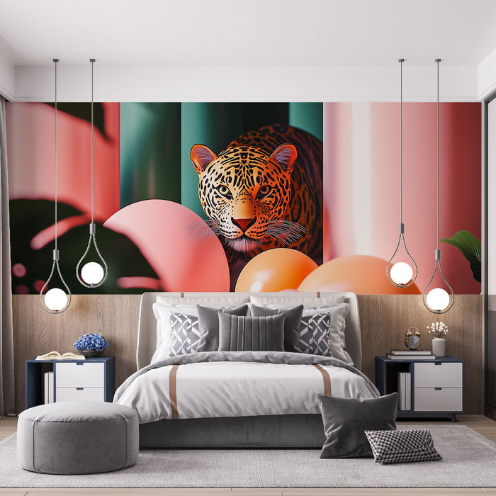 Papier peint mural avec léopard et motifs colorés pour chambre moderne