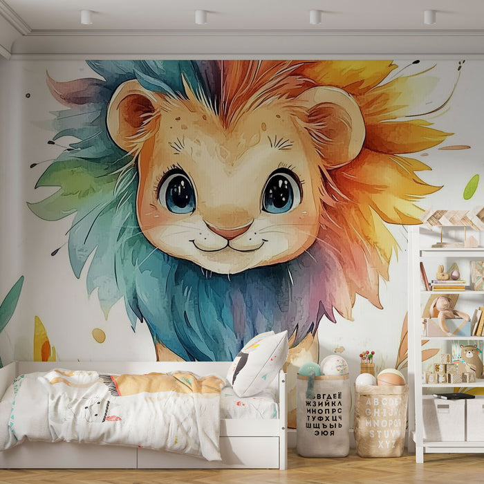 Papier peint lionceau arc-en-ciel | Illustration adorable et colorée