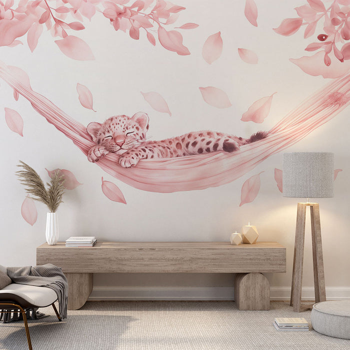 Papier peint jungle bébé | Léopard rose et hamac