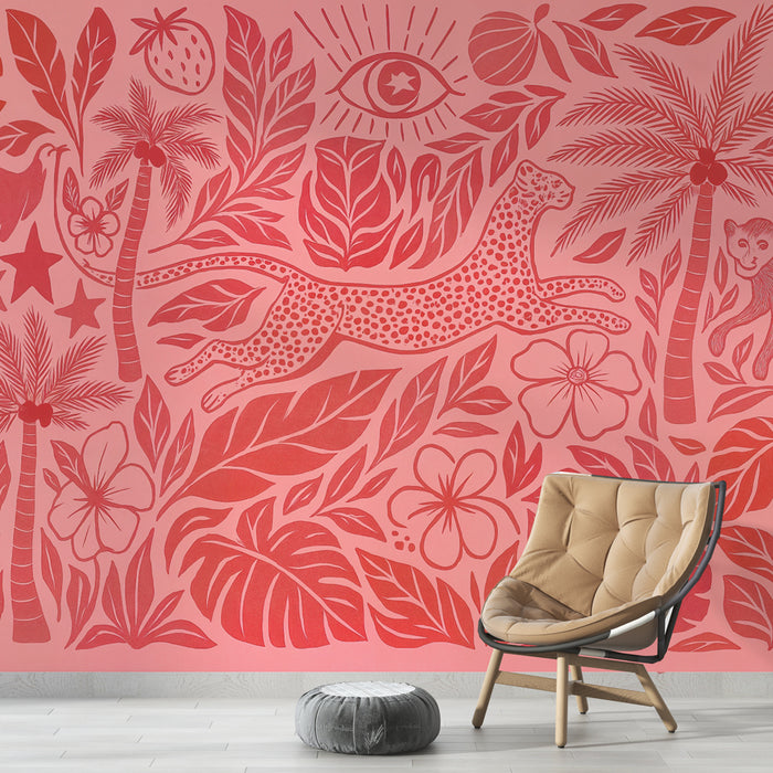Papier peint exotique | Design jungle rose et rouge