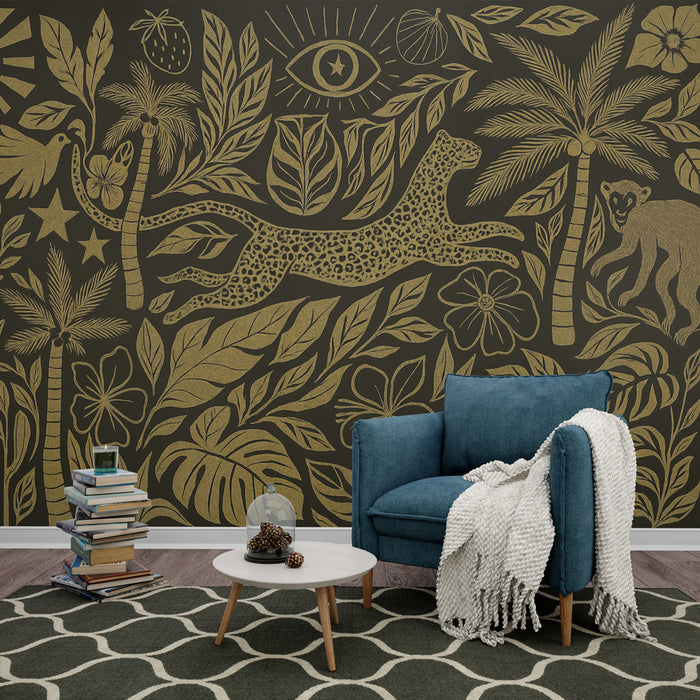 Papier peint jungle dorée | Design exotique et mystérieux