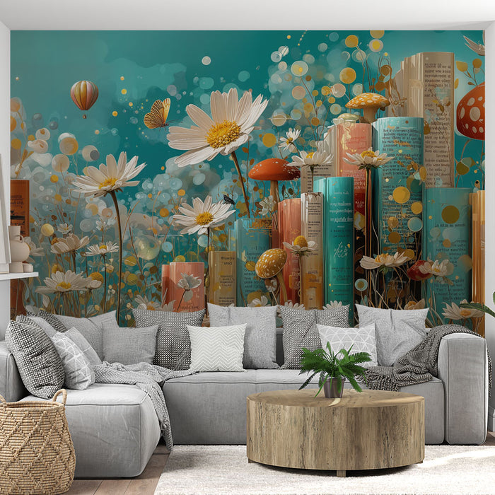 Papier peint fantaisie | Paysage de livres et fleurs