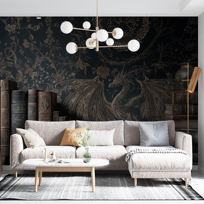 Papier peint dragon et livres anciens | Style médiéval mystique