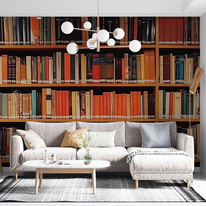 Papier peint bibliothèque vintage avec livres colorés pour salon moderne