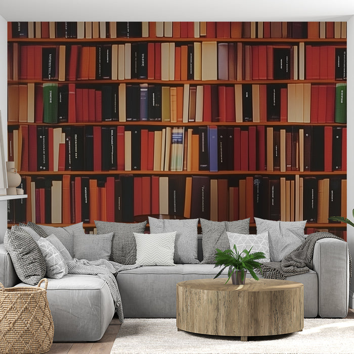 Papier peint bibliothèque avec étagères de livres colorés pour salon moderne