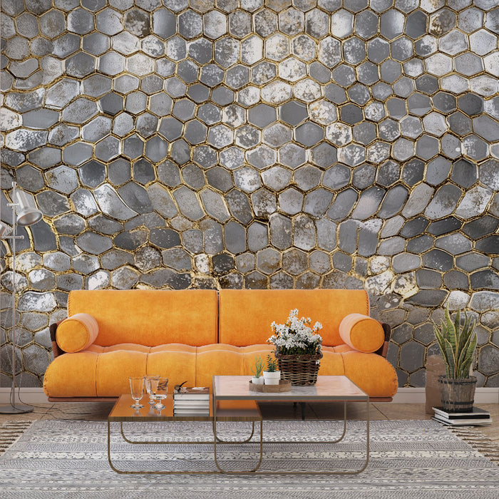 Papier peint géométrique | Motif hexagonal doré et argenté