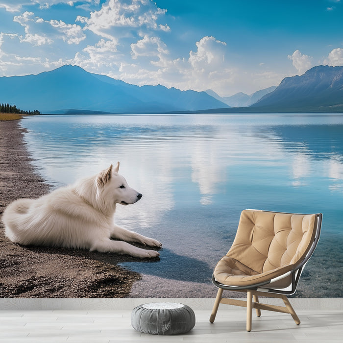 Papier peint paysage lac avec loup blanc et montagnes pour salon moderne