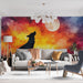 Papier peint mural coloré avec silhouette de loup et pleine lune pour salon moderne