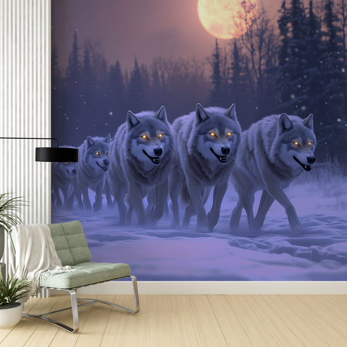 Papier peint mural avec loups sous la pleine lune pour décoration de salon moderne.