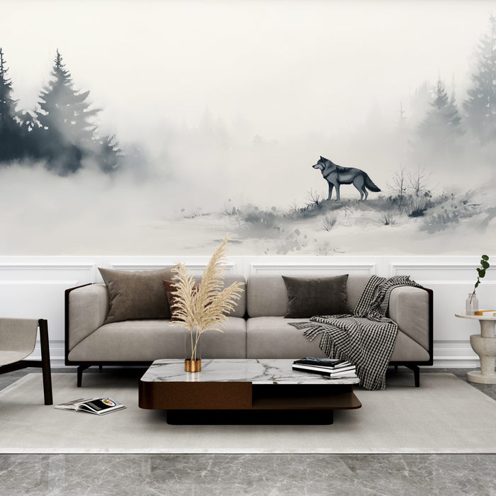 Papier peint mural avec loup dans une forêt brumeuse pour salon moderne et élégant
