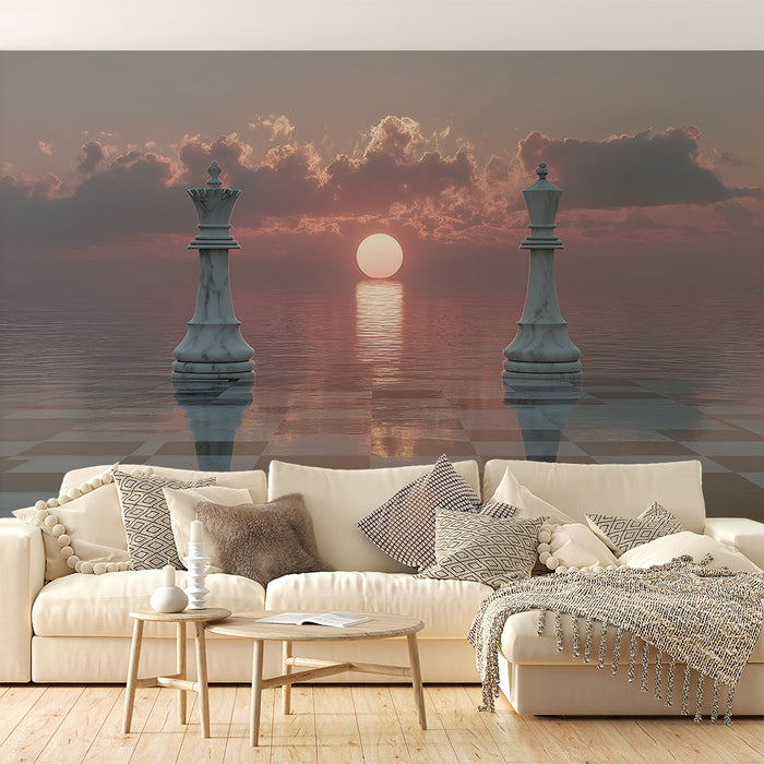 Papier peint échiquier | Paysage marin au coucher du soleil