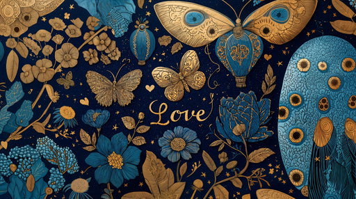 Papier peint papillons et dorures Design floral bleu et doré