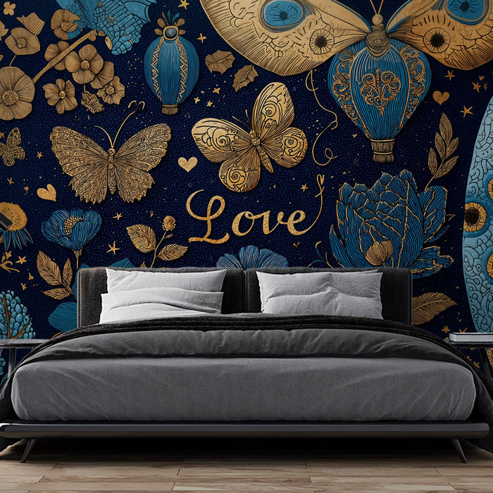 Papier peint papillons et dorures | Design floral bleu et doré