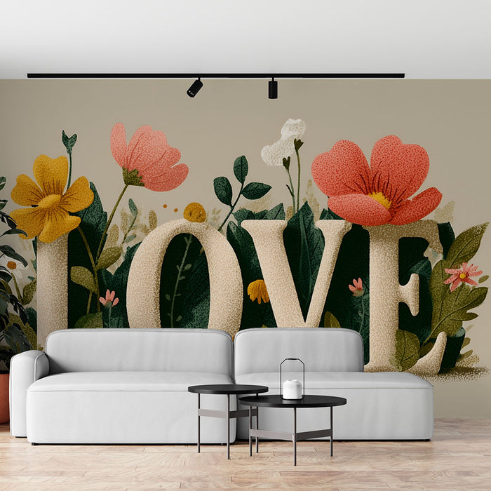 Papier peint floral LOVE | Illustration romantique et colorée