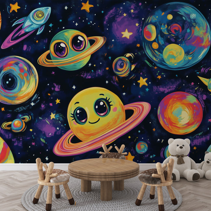 Papier peint espace coloré avec planètes et étoiles pour chambre d'enfant.