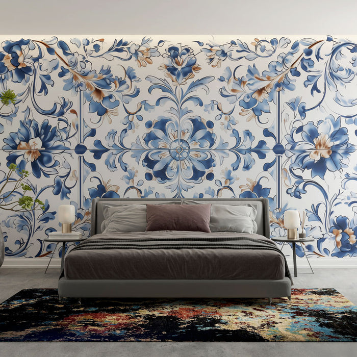 Papier peint floral | Motif bleu et blanc étincelant