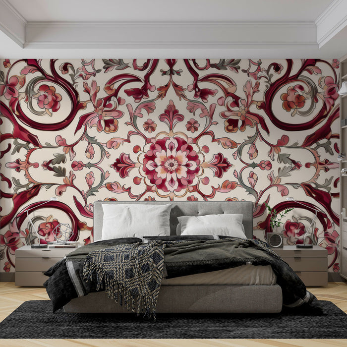 Papier peint floral | Motifs ornementaux rouges et rosés