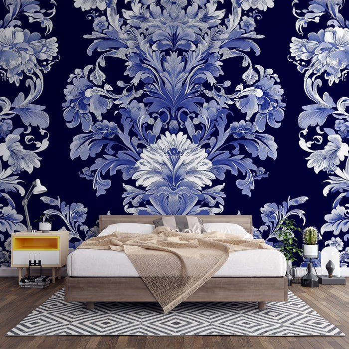 Papier peint baroque floral | Design bleu et blanc raffiné