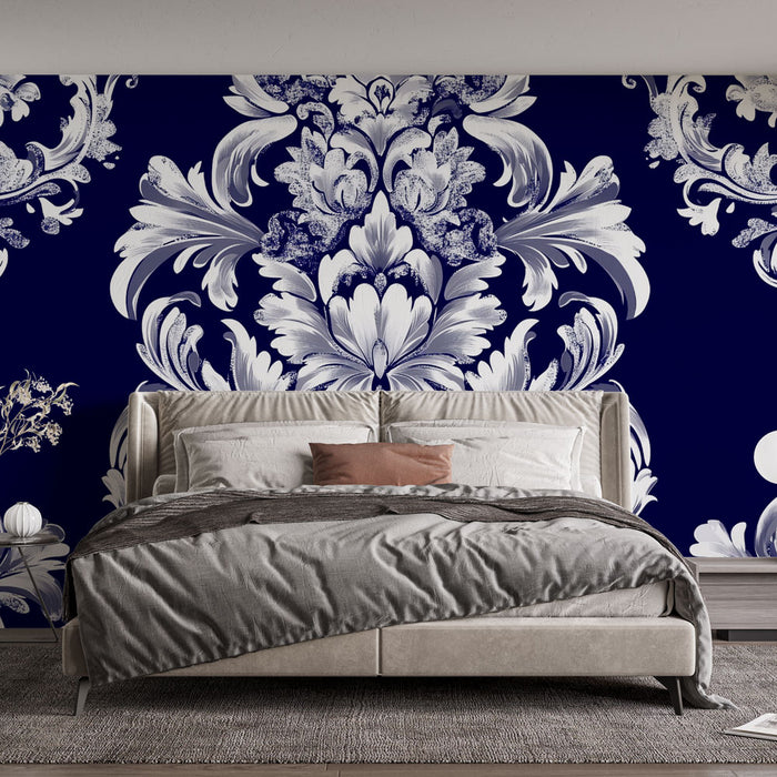 Papier peint baroque | Motif floral élégant en bleu et blanc