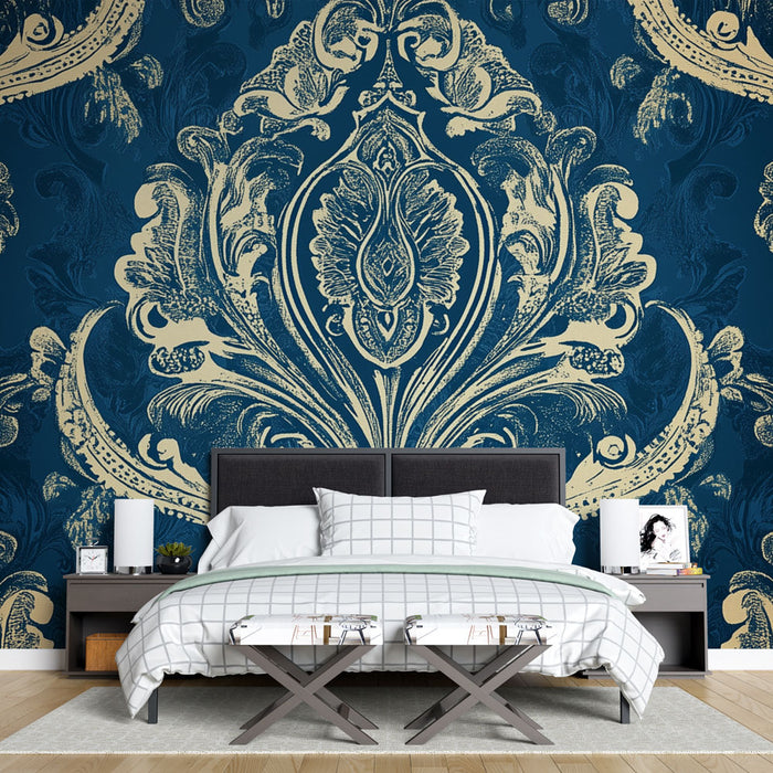 Papier peint baroque | Bleu et Crème Raffiné