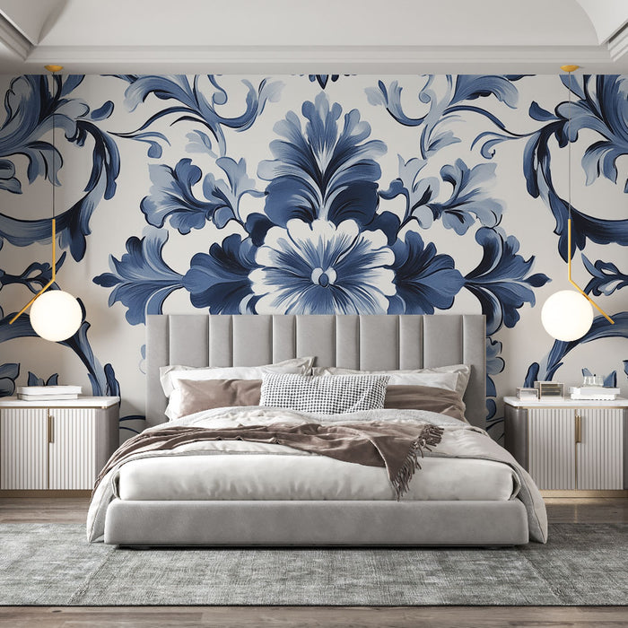 Papier peint floral | Motif baroque bleu et blanc