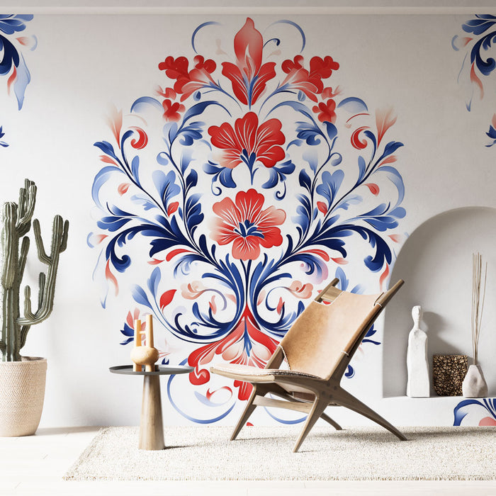 Papier peint floral | Design élégant rouge et bleu