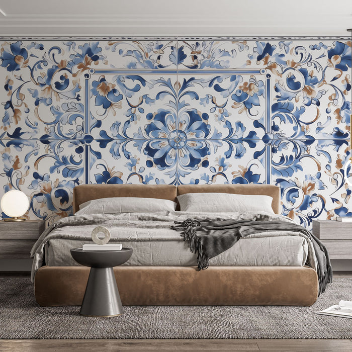 Papier peint floral | Design Bleu et Doré