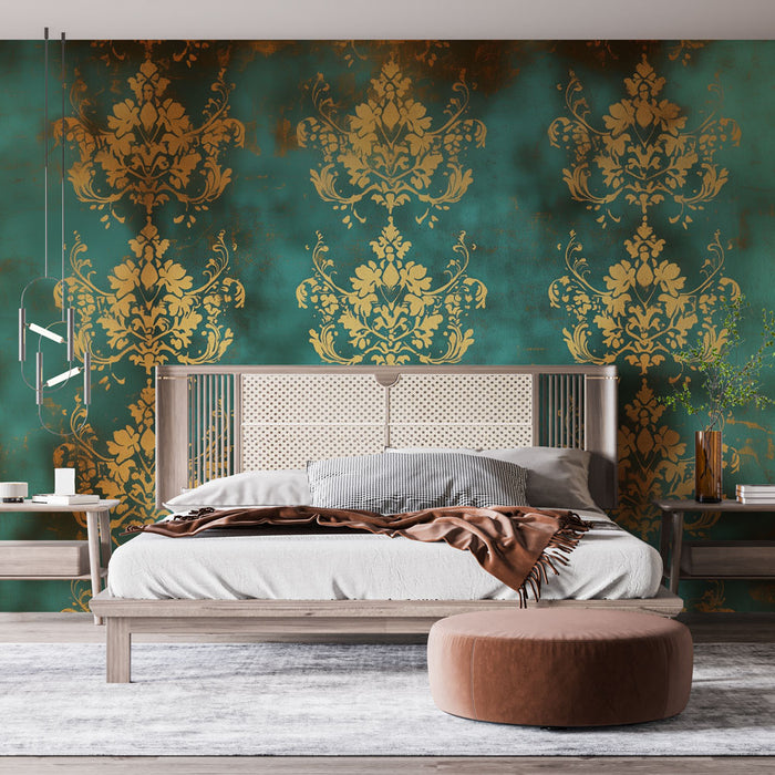 Papier peint baroque | Éclat doré sur fond turquoise