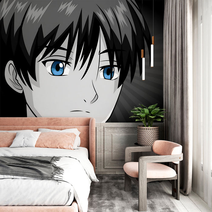 Papier peint Anime | Portrait Grayscale aux Yeux Bleus