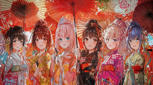 Papier peint anime Filles en kimono et parapluies