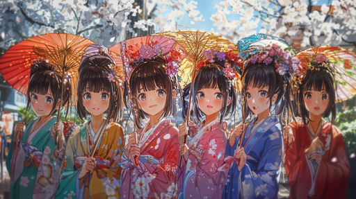 Papier peint traditionnel japonais Parapluies et kimonos fleuris