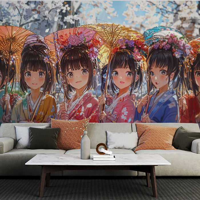 Papier peint traditionnel japonais | Parapluies et kimonos fleuris
