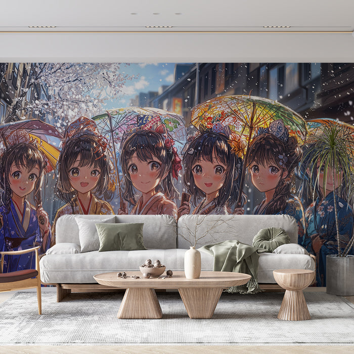 Papier peint anime | Fleurs de cerisier et kimonos colorés