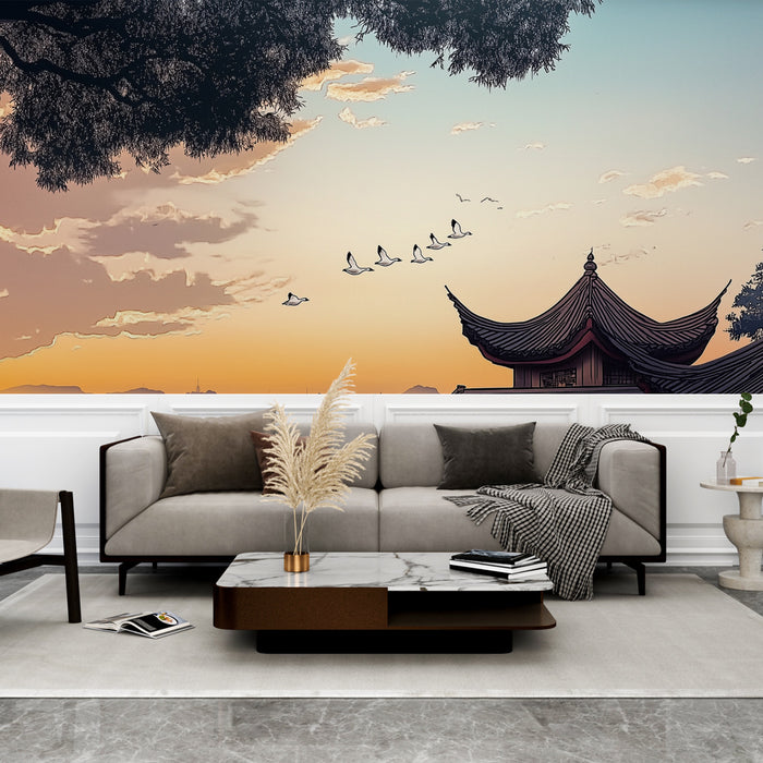 Papier peint paysage asiatique | Ciel coloré et architecture traditionnelle
