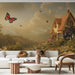 Papier peint mural paysage féerique avec maison de campagne et papillons pour salon cosy.