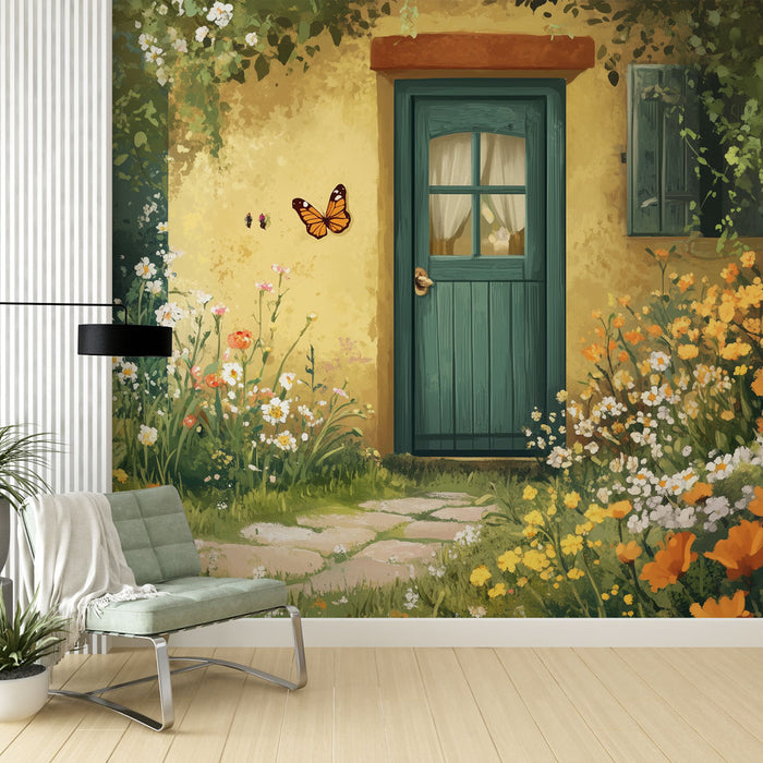 Papier peint mural champêtre avec porte verte et fleurs colorées pour salon accueillant