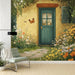 Papier peint mural champêtre avec porte verte et fleurs colorées pour salon accueillant