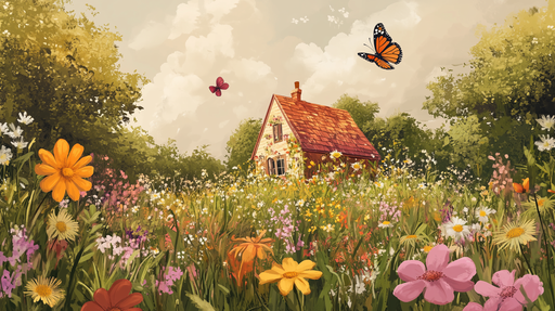 Papier peint Champêtre Maison Campagne et Fleurs