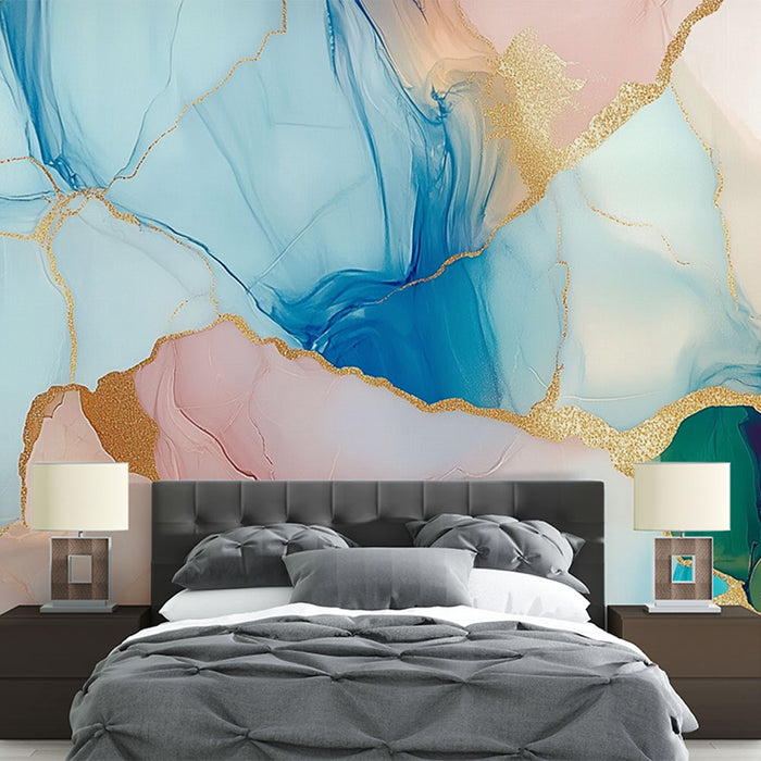 Papier peint marbré | Bleu et Rose avec Dorures
