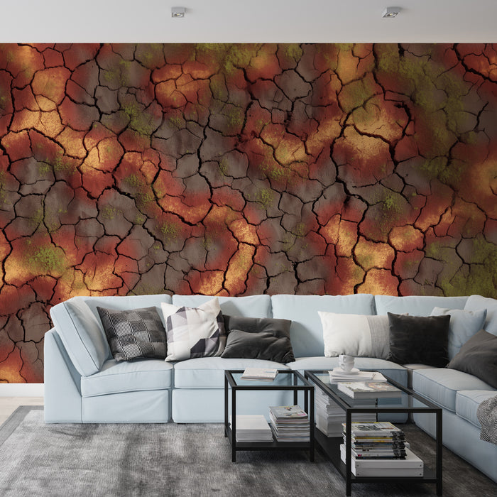 Papier peint texture craquelée | Motif terre brûlée et mousse