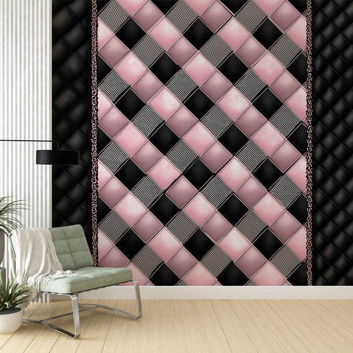 Papier peint capitonné | Effet matelassé rose et noir