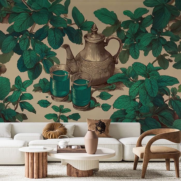 Papier peint thé à la menthe | Art botanique oriental