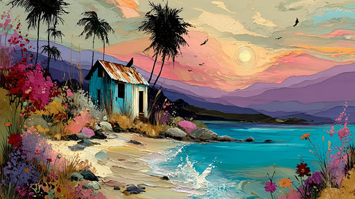 Papier peint paysage tropical Cabane sur la plage au coucher du soleil