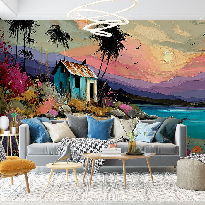 Papier peint paysage tropical | Cabane sur la plage au coucher du soleil