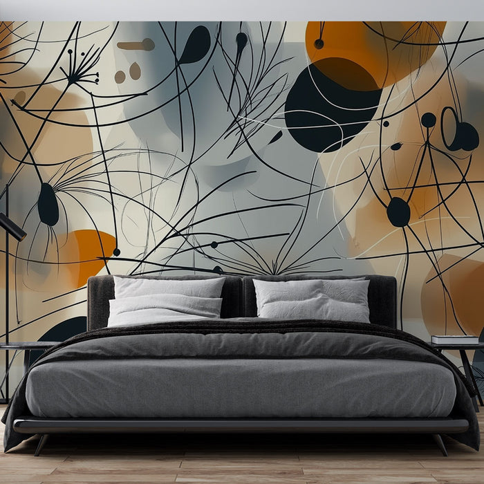 Papier peint abstrait moderne | Motifs artistiques noirs et orange