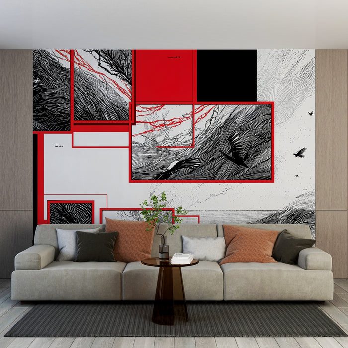 Papier peint graphique | Design abstrait en noir, blanc et rouge