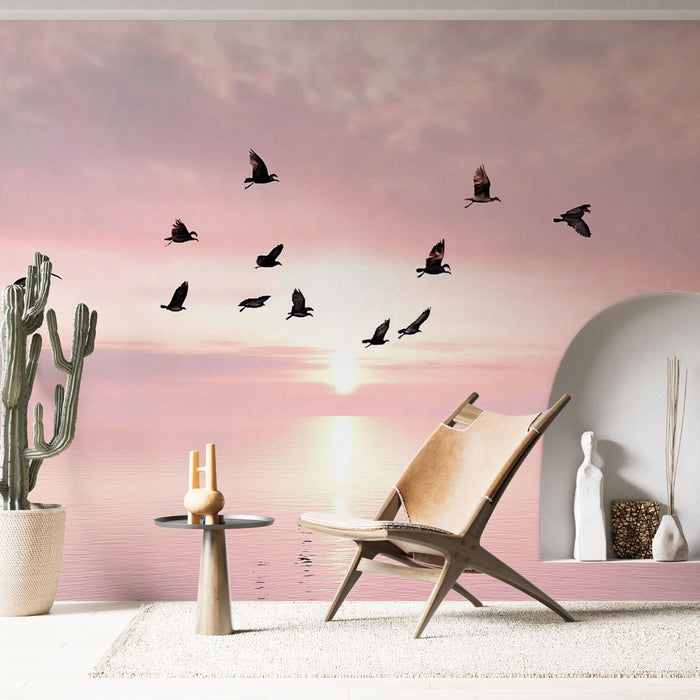 Papier peint oiseaux en vol | Ciel rose