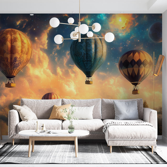 Papier peint salon avec montgolfières colorées et ciel étoilé pour décoration moderne