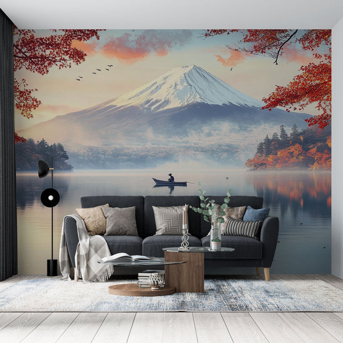 Papier peint panoramique Mont Fuji avec lac et feuillage automnal pour salon moderne